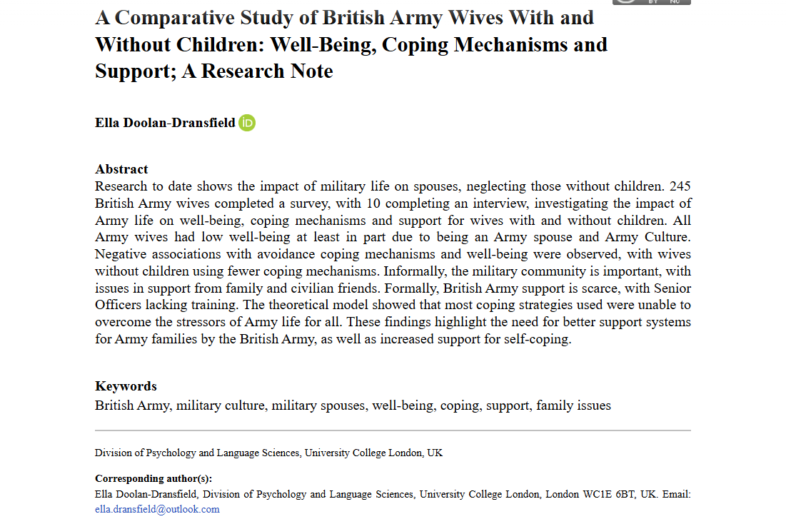 AFS_SAGE's tweet photo. Check out this new article in #OnlineFirst! A Comparative Study of British Army Wives With and Without Children: Well-Being, Coping Mechanisms and Support; A Research Note - Ella Doolan-Dransfield, 2026 #OpenAccess https://t.co/K6BGmylncB https://t.co/BSBYBnnei2