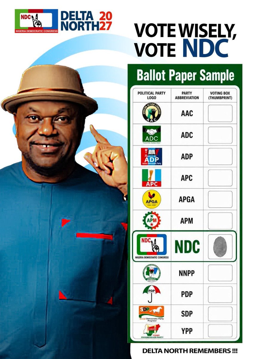 Morris_Monye's tweet photo. As campaign season starts, this is my candidate for Delta-North Senate. 

His name is Rt. Hon. Victor Ochei. @VictorOOchei He was fmr Speaker of the Delta state House of Assembly. His party is the NDC. 

His opponent is Ifeanyi Okowa of the APC. The Fmr Governor of Delta state. 

As some point, along the month, I will call on fellow Deltans for intense grassroot mobilization and logo recognition on ground. I will also be on ground. We need all hands on deck for the NDC. 

Let’s start learning the logo.