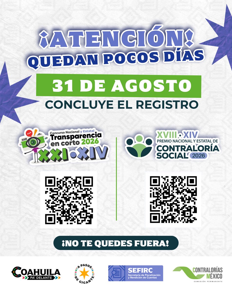 SEFIRC_COAH's tweet photo. ⏰ ¡Últimos días! 
Participa en #TransparenciaEnCorto2026 y #ContraloríaSocial2026
🎬🤝 ¡Da click en el QR para conocer bases e inscríbete !
#CoahuilaPaDelante
#APasosdeGigante https://t.co/9ckd3L1pAa