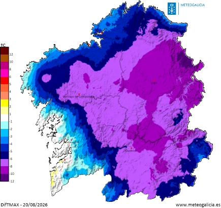 MeteoGalicia's tweet photo. 📢Entre 6ºC e 10ºC de descenso da temperatura a partir deste xoves 20 de agosto na maior parte do interior do territorio galego📉 https://t.co/pdX6XDcJEQ