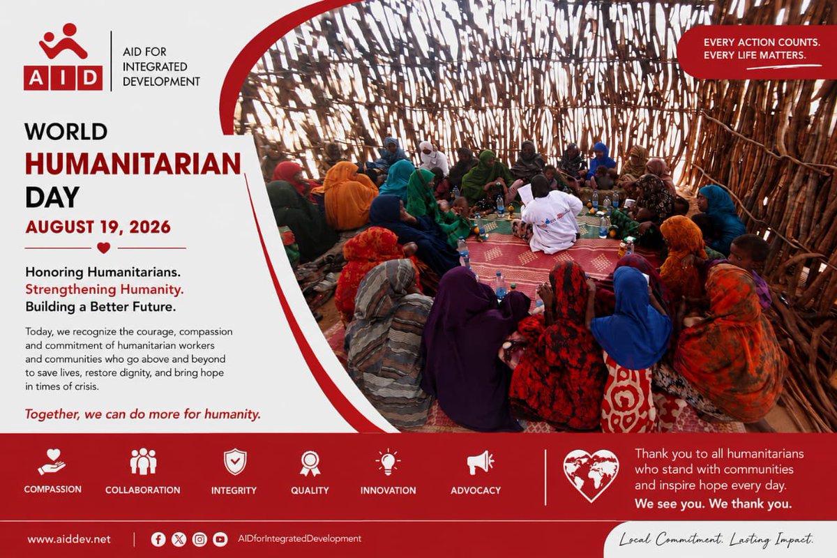AidforIDev's tweet photo. World Humanitarian Day 2026

On this World Humanitarian Day, AID honors the courage, compassion, and resilience of humanitarian workers and crisis-affected communities.

❤️Every action counts. Every life matters.

#WHD2026 
#AID 
#Humanity 
#EveryActionCounts 
#EveryLifeMatters https://t.co/Z3SpOkj7mn