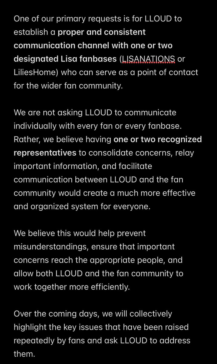 LISANATIONS_'s tweet photo. To LLOUD (@wearelloud), 

LLOUD, we hope you can establish a proper and consistent communication channel with 1–2 designated Lisa fanbases who can represent and consolidate concerns from the wider fan community.

We are not asking you to communicate with every fan or every fanbase individually. Having designated representatives would allow concerns, feedback, and important information to be communicated clearly and efficiently.

Lisa’s fanbases have made repeated efforts to reach out and work with you, but many concerns remain unresolved.

We are asking for open communication, transparency, and meaningful engagement with the fan community that continuously supports Lisa.

Please connect with the designated Lisa fanbases and work with us toward a better and more effective system of communication.