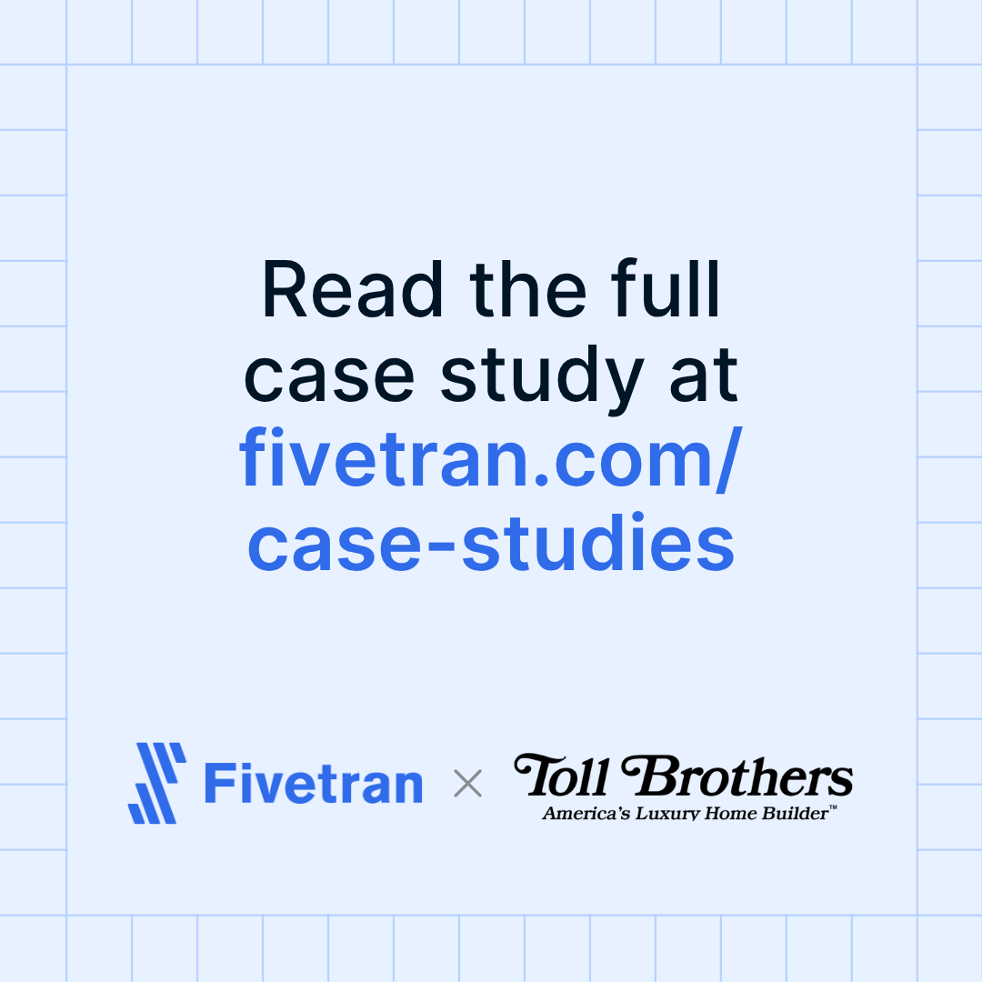 fivetran's tweet photo. Toll Brothers, a Fortune 500 luxury home builder, partnered with Fivetran and Hakkoda to replace manual data pulls with a reliable, centralized foundation for analytics.

Read the case study: https://t.co/XlVRqeVmWW https://t.co/mi7QROzBNB
