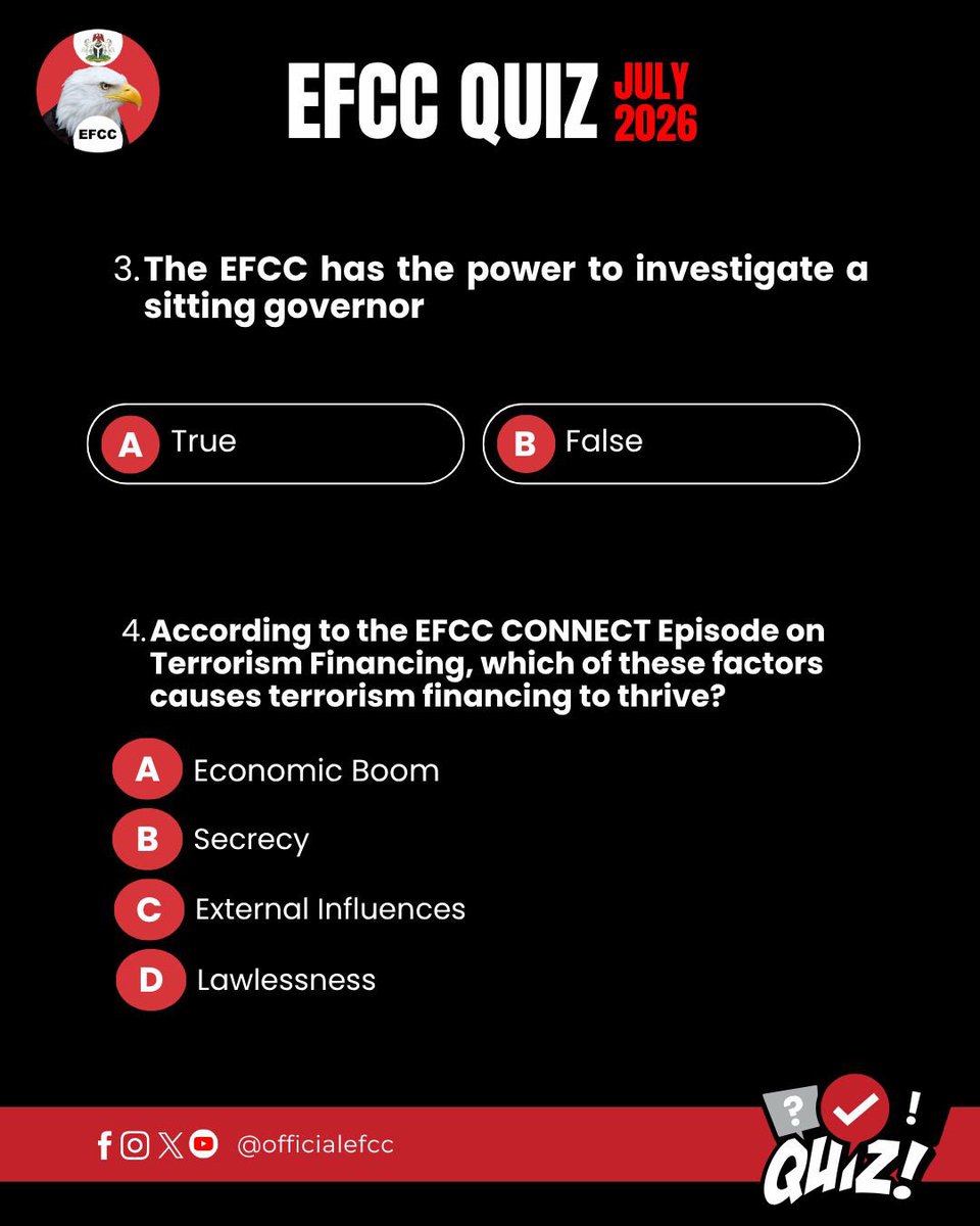 officialEFCC's tweet photo. Prize of NGN5,000 worth of Airtime awaits three(3) winners
#EFCCQuiz
#EFCCNigeria https://t.co/J52W4HHip7