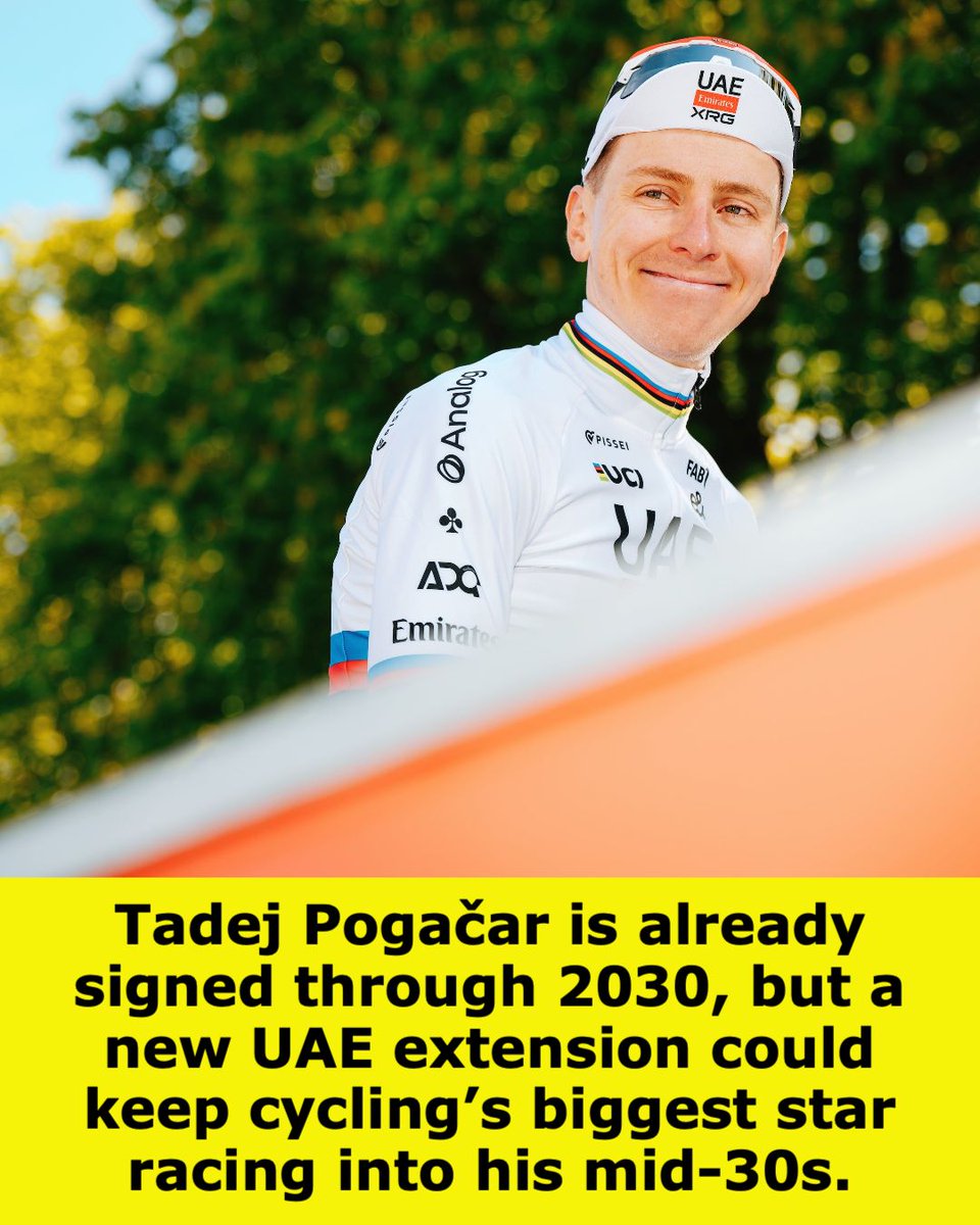 velovelovelo__'s tweet photo. Tadej Pogačar is already signed through 2030, but a potential new UAE extension could keep cycling’s biggest star racing into his mid-30s. https://t.co/qU7AwPq071