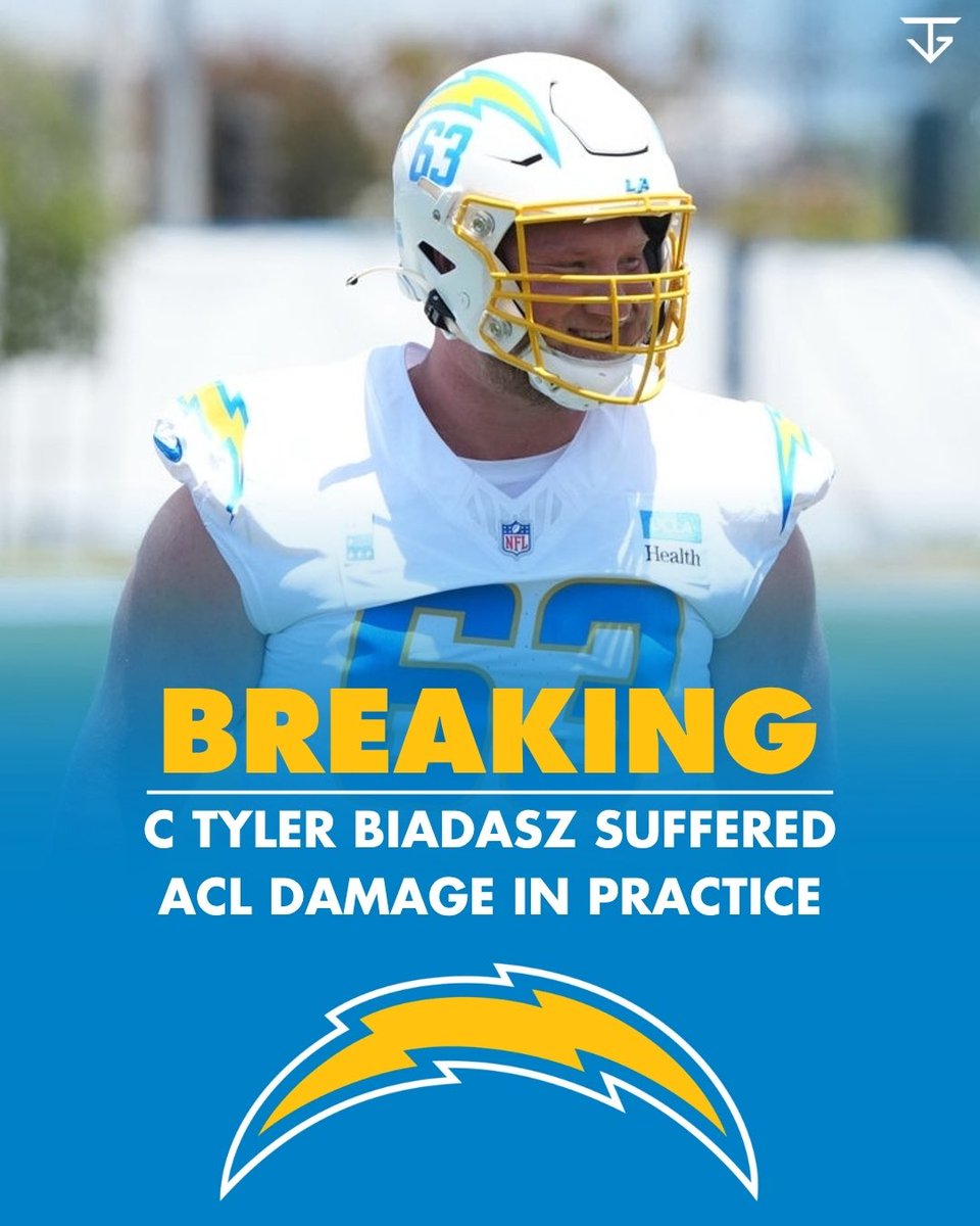 flaccodicaprio's tweet photo. Los Angeles #Chargers C Tyler Biadasz suffered damage to his ACL and additional injuries to his left knee in a joint practice with the San Francisco #49ers on Tuesday, per @adamschefter and @rapsheet. Biadasz will be out indefinitely. https://t.co/IoRETJq4EO