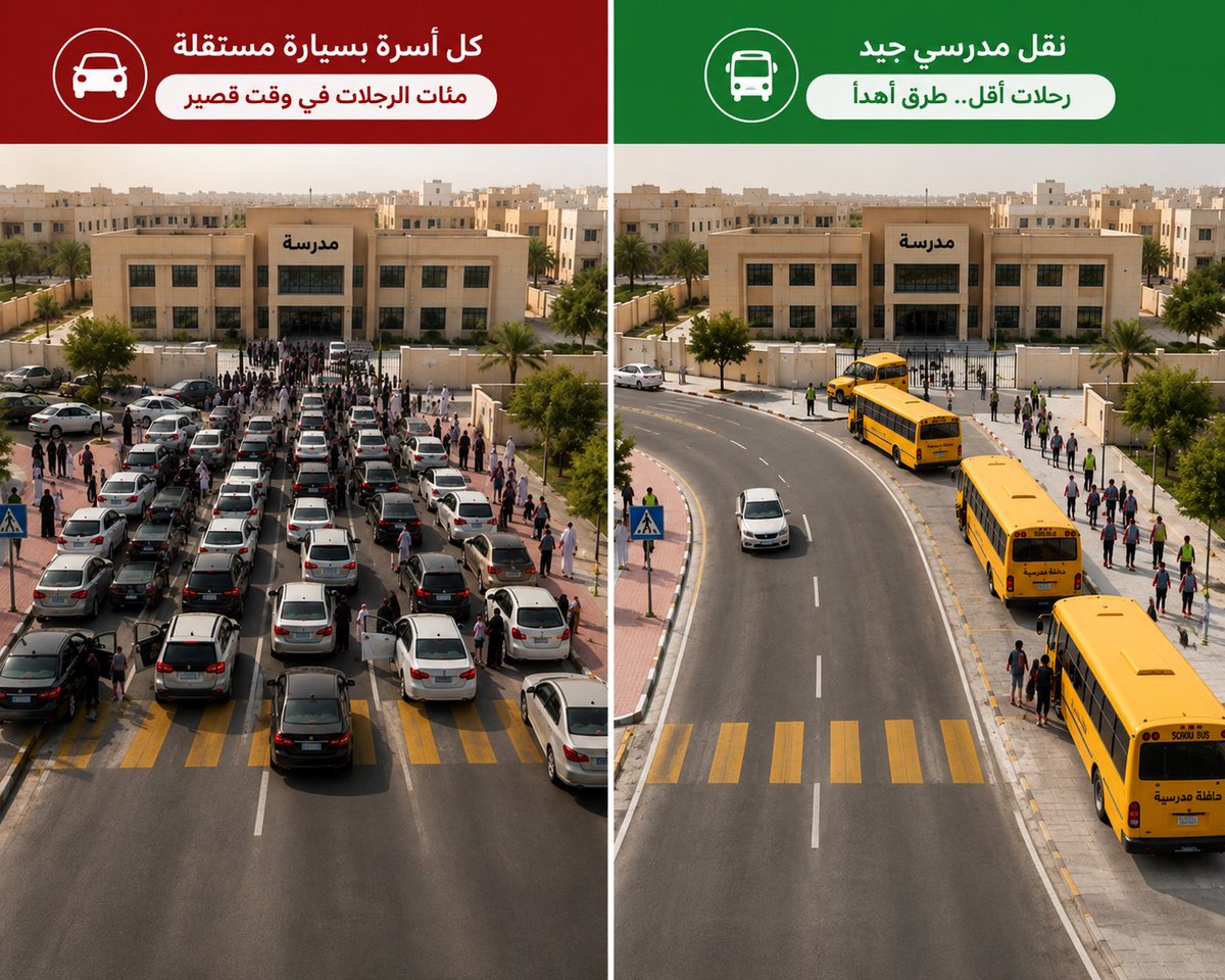 xwjeehx's tweet photo. عندما تنقل كل أسرة أبناءها بسيارة مستقلة، تتحول المدرسة الواحدة صباحًا إلى شوارع مزدحمه بمئات السيارات في دقائق معدودة.

النقل المدرسي الجيد لا ينقل الطلاب فقط؛ بل يمنع مئات السيارات من الظهور على ال��ريق في الوقت نفسه.
#نجاحات_الجبيل 
#النقل_المدرسي #الزحمه_المرورية https://t.co/TuXAsAf36n