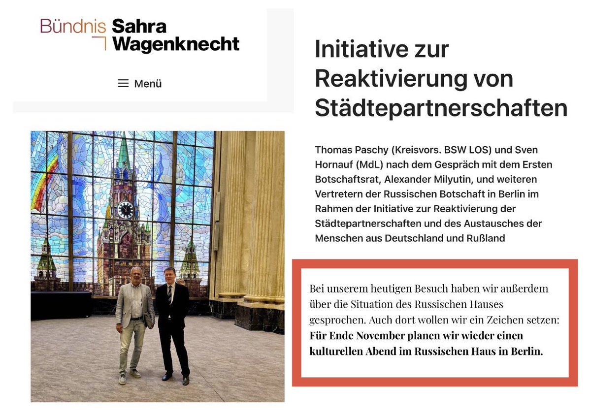 vic_010100's tweet photo. Von den Freien Sachsen bis zum BSW: Das Netzwerk der russischen Botschaft in Berlin um den Botschaftsrat Alexander Milyutin

Der diplomatische Status ist völkerrechtlich dafür gedacht, offizielle Beziehungen zu pflegen und nicht, um die Zivilgesellschaft des Gastlandes verdeckt zu spalten. Und dann gibt es Akteure der russischen Botschaft wie Alexander Milyutin.

Offiziell führt ihn die russische Botschaft als Ersten Botschaftsrat. Doch hinter den Kulissen agiert er als strategische Schlüsselfigur für die Einflussnahme des Kremls.

Milyutin reist dorthin, wo gesellschaftliche Unzufriedenheit herrscht. Seine Mission ist es, die diplomatische Isolation Russlands zu durchbrechen. Dafür schmiedet er gezielt Allianzen am extremen linken sowie rechten Rand.

Wie dieses Netzwerk arbeitet, zeigte sich am 12.08.2026 bei einem Treffen in der russischen Botschaft in Berlin. Milyutin traf Spitzenvertreter des BSW, mit Thomas Paschy (BSW LOS) und dem Landtagsabgeordneten Sven Hornauf saß er hinter verschlossenen Türen. Der Vorwand lautete „Reaktivierung von Städtepartnerschaften“ und die Planung eines Kulturabends Ende November im Russischen Haus. In Wahrheit ist es ein Hebel, um über kommunale Kanäle und das BSW direkten Einfluss auf politische Entscheidungsträger in Deutschland zu nehmen.

Milyutins Fäden reichen ebenso tief in die Partei Die Linke, was ein Blick zurück nach Schwerin beweist. Dort suchte er bei den Gedenkveranstaltungen die direkte Nähe zu etablierten Funktionären der deutschen Linkspartei.
Milyutin knüpfte in Schwerin Kontakte zu Dr. Daniel Trepsdorf, dem Oberbürgermeister-Kandidaten der Linken. Vor Ort zeigte er sich zudem mit Vertretern der linksextremen DKP sowie dem Bundessprecher der VVN-BdA, Axel Holz, um linke Netzwerke für die Interessen Moskaus einzuspannen.

Die Methode hinter Milyutins Arbeit nennt sich Querfront. Im sächsischen Freiberg saß er auf Einladung des „Freiberger Forums“ auf dem Podium, flankiert vom Publizisten Patrik Baab und Kadern der rechtsextremen Freien Sachsen. Der Saal war gefüllt mit Verschwörungstheoretikern und Staatsleugnern. Milyutin nutzte die Bühne, um die aggressive Politik seines Heimatlandes reinzuwaschen.

Ein zentraler Knotenpunkt im Geflecht ist die Initiative „Russland ist nicht unser Feind“. Hier tritt Milyutin regelmäßig als Referent in Online-Seminaren auf. Zusammen mit Figuren wie Werner Rügemer füttert er das BSW und Die Linke mit dem Narrativ einer „aggressiven deutschen NATO-Politik“.

Milyutins Querfront-Inhalte verbreiten sich tief ins linksalternative Vorfeld, befeuert durch Plattformen wie den Deutschen Freidenker-Verband und Weltnetz TV. Die manipulative Rhetorik bei den Webinaren ist stets dieselbe: Deutschland wolle sich wieder „kriegstüchtig“ machen, während Russland als das eigentliche Opfer westlicher Aggression inszeniert wird.

Er zeigt sich oft an der Seite von Botschafter Sergey Netschajew, wie im Russischen Haus in Berlin am Vorabend des „Tages der russischen Sprache“. Die Sprache dient dem Kreml-Apparat dabei als politischer Hebel zur Einflussnahme. 

Die wohl gefährlichste Facette von Milyutins Arbeit ist die Instrumentalisierung der Geschichte. Er besetzt Feierlichkeiten und Denkmäler, um moralische Schuldgefühle zu aktivieren. Die Strategie zielt dabeiauf die kommunale Ebene. Über das gemeinsame Gedenken knüpft Milyutin unbemerkt Kontakte zu Lokalpolitikern. 

Geschützt unter Diplomatenstatus agiert Milyutin als operativer Arm des Kreml, um in der deutschen Politik Netzwerke aufzubauen und Kreml-Propaganda im Diskurs zu verankern.

Dass Milyutins Werdegang im Dunkeln bleibt, folgt einem in Sicherheitskreisen bekannten Muster. In Deutschland tauchte er erstmals im Juni 2021 bei einer Berliner Gedenkveranstaltung auf. Die strikte Geheimhaltung seiner Biografie ist für Spione typisch, um im Schutz des Diplomatenstatus ungehindert und fernab öffentlicher Kontrolle direkten Einfluss auf die politische Basis des Gastlandes zu nehmen.