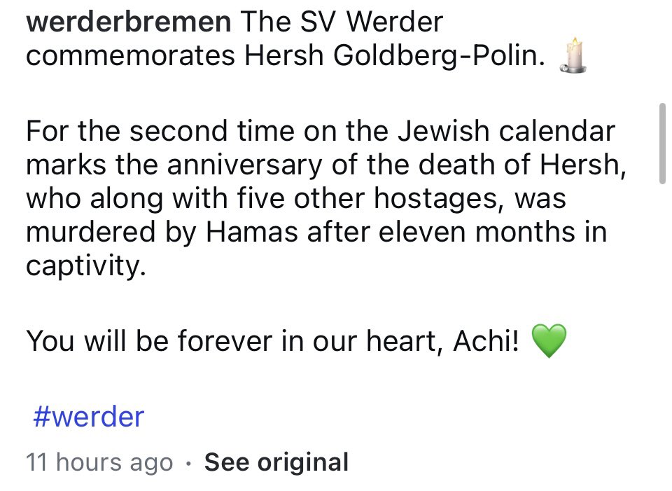 BenGreenJeru's tweet photo. Incredible from Werder Bremen.

The Bundesliga side paid homage to murdered hostage Hersh Goldberg-Polin today. On the second Hebrew anniversary of his death.

Werder Bremen’s support for the Israeli hostages held in Gaza remains hugely impressive.

🙌🇮🇱 https://t.co/PARLs3Hzic
