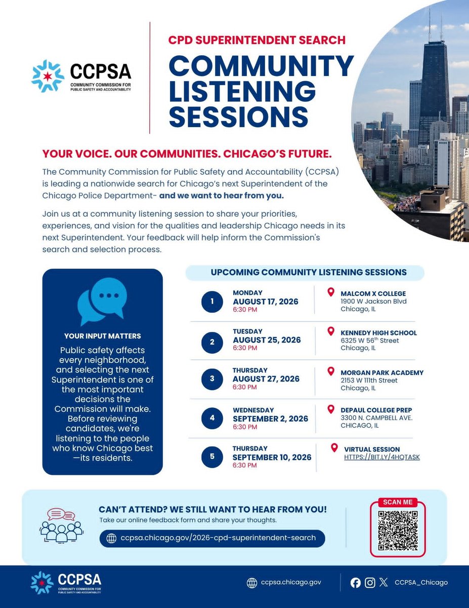 SWChicagoPost's tweet photo. If you want to offer your opinion on what you, as a Chicago resident, want to see in the next CPD superintendent, here are several opportunities.
.
Thanks to our friend, Jason Huff, for sharing this information. https://t.co/wJrZaMp3l5