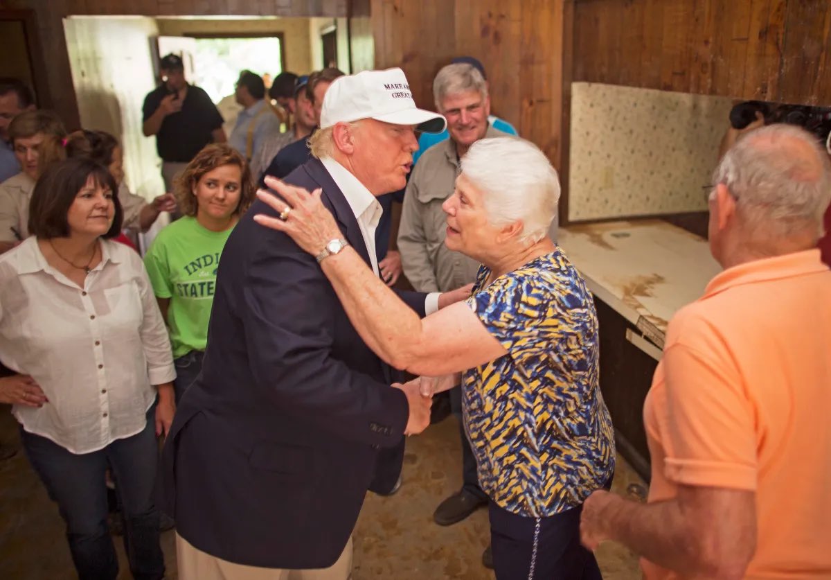 10YearsAgoLive's tweet photo. Republican nominee Donald Trump tours flood-ravaged areas around Baton Rouge, Louisiana, surveying damage from the historic flooding.

He criticizes the federal response and says President Obama should not be on vacation in Martha’s Vineyard while the state recovers. https://t.co/I9Ejl0Ng4H