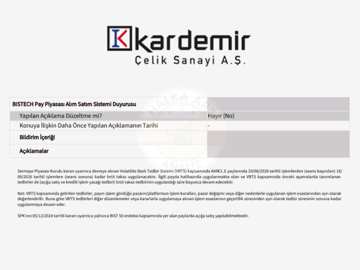Halkaarzanaliz's tweet photo. 📢 VBTS kapsamında Kardemir Çelik #KARCL paylarında yarın seans başından 18Eylül seans sonuna kadar brüt takas uygulanacağı #KAP’a bildirildi.

❌ Brüt takas uygulaması, satın alınan hissenin aynı gün içerisinde satılmasını engeller. En erken bir gün sonra satılabilir. Yani aynı gün içerisinde brüt takasta bulunan hissede al-sat yapılamaz.

➡️ Satışı yapılan hissenin tutarı ile aynı gün içerisinde brüt takasa tabi olan bir hisse senedi en erken bir gün sonra alınabilir hâle gelir. Diğer yandan bu tutar ile brüt takasa tabi olmayan bir hisse senedini aynı gün içerisinde alabilirsiniz.

#Halkaarz #Borsa #Hisse #Altın #Bülten #Citas #Tknka #Veyas #Kpeks #Kardemir