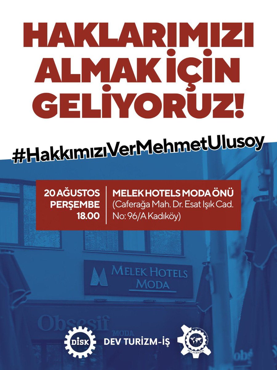 isciemekci_'s tweet photo. 🔻İşçiler açken patronlara huzur yok! 

➡️Kadıköy Moda’da bulunan Melek Hotels’te çalışan işçiler, gasp edilen haklarının ödenmesi için mücadele ediyor. 

✊Hakları için mücadele eden Melek Hotels işçilerinin yanındayız!
#HakkımızıVerMehmetUlusoy https://t.co/J68eTsBzzs