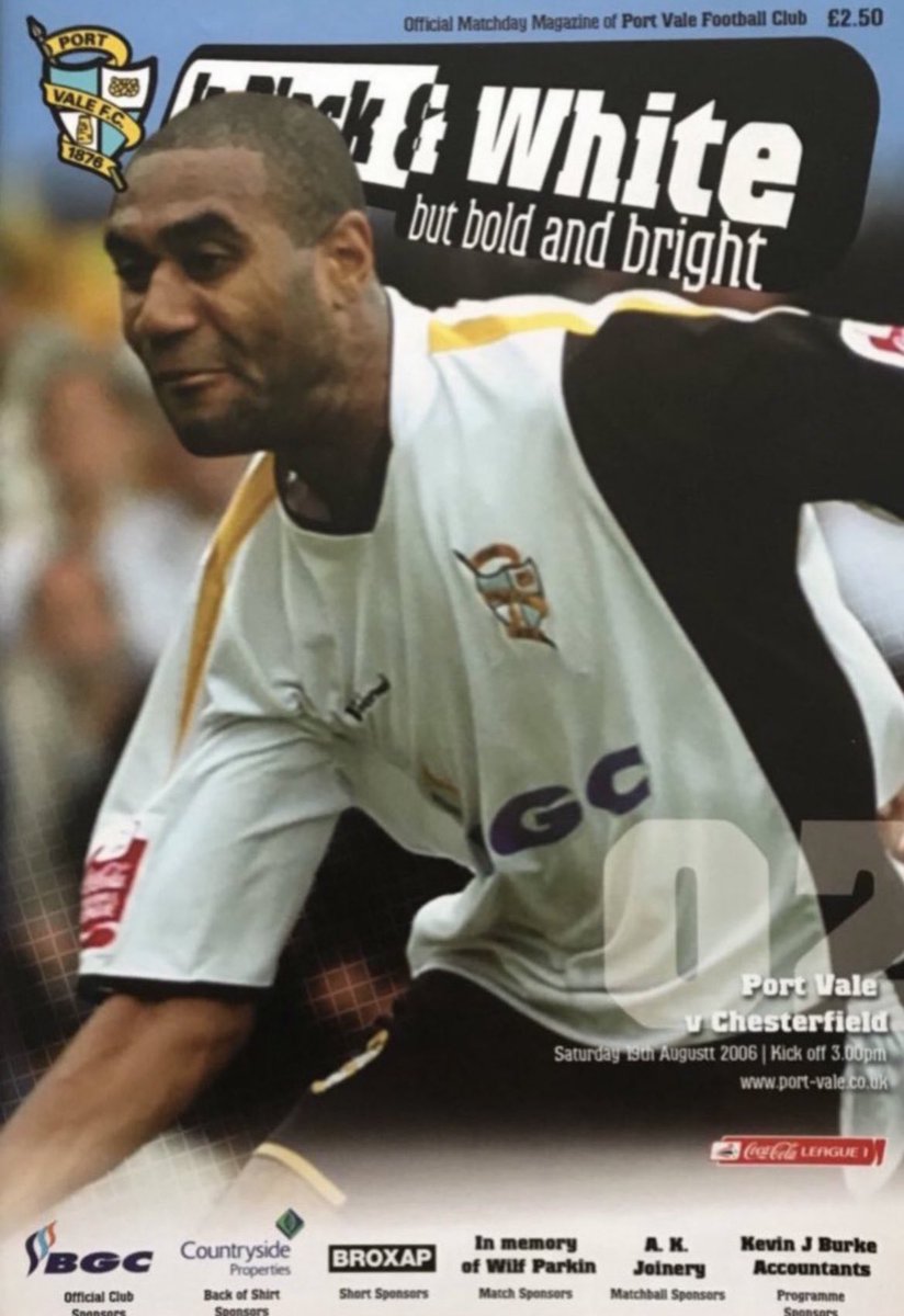 pvfcprogs's tweet photo. #OnThisDay 19/8/06

PORT VALE  3  CHESTERFIELD  2
Constantine 2, Pilkington

Vale’s 100% league start continued as they made it 4 out of 4 with victory over Chesterfield in League 1. A late Leon Constantine goal sealed the 3pts for the Valiants. Att 5,622 #pvfc https://t.co/dQai0m8Fng