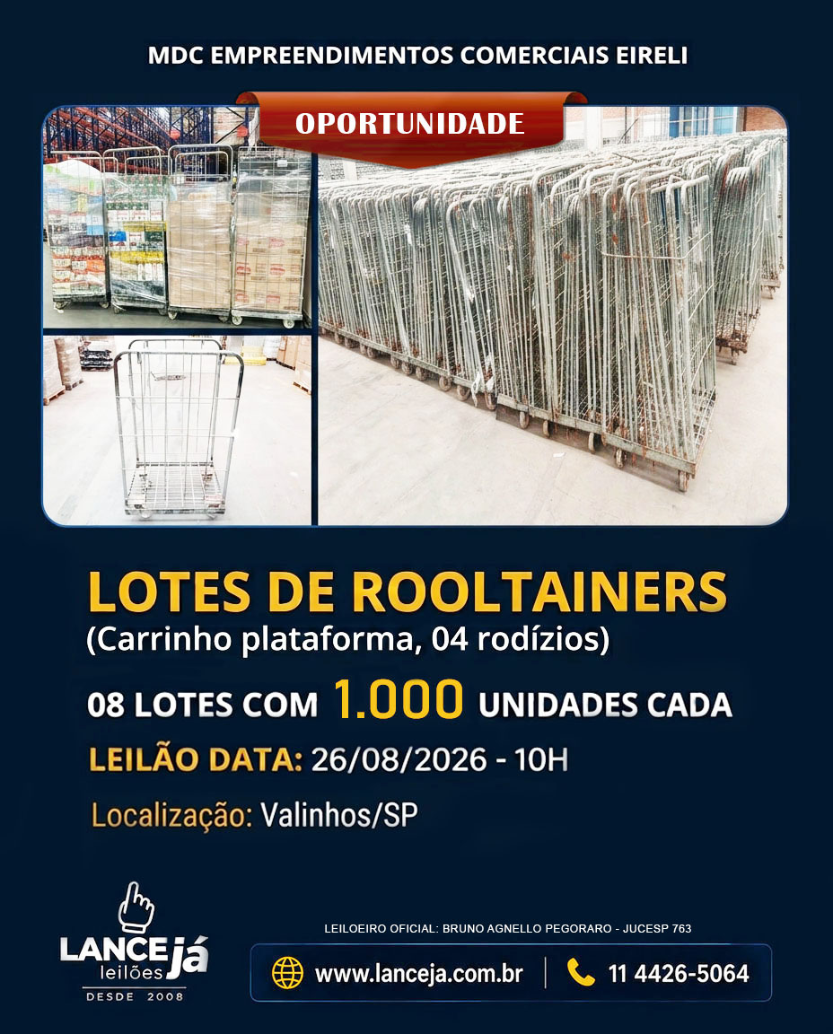 lanceja_leiloes's tweet photo. Leilão de ROOLTAINERS (Carrinho plataforma, 04 rodízios).

Oportunidades
08 lotes com 1.000 unidades cada.

Leilão on-line data: 26/08/2026 - 10h

Informações: https://t.co/wKsiY3usFe ou ligue: 11 4426-5064.

Lance Já Leilões https://t.co/ByPb2l5fQV
