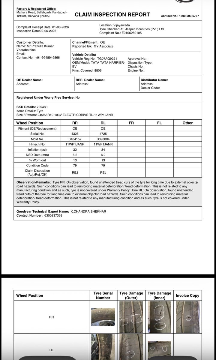 PraffullakumarV's tweet photo. @TataMotors @GoodyearIndia DON’T USE GOODYEAR TYRES. I have valid reports proving the tyre issues, yet my complaint is still ignored. just 2,500 km (2 tyres)&amp; 8,000 km all 4 tyres), Not acceptable . Tata &amp; Goodyear must replace all 4 tyres immediately. #Tataev #Goodyear https://t.co/OdgLI139iG