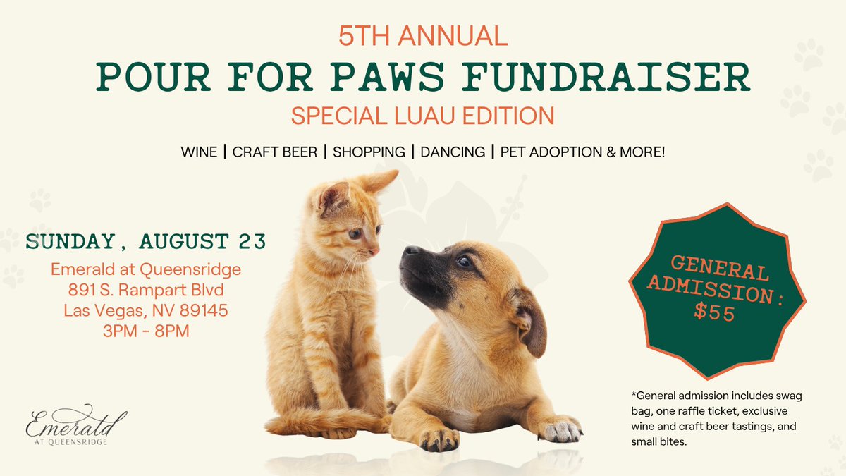 hendersonsport's tweet photo. We’re excited to be a vendor at the 5th Annual Pour for Paws Fundraiser - Special Luau Edition! 🐾

We’ll be there to introduce our family & entertainment center and answer any questions about what we offer. Plus, enjoy an afternoon of wine, craft beer, shopping, dancing, pet adoptions, raffles, and more, all while supporting Pawtastic Friends!

🗓️ Sunday, August 23, 2026
⏰ 3:00 PM - 8:00 PM
📍 Emerald at Queensridge
🎟️ General Admission: $55

Purchase tickets at: https://t.co/2a0NGflMT4

Come support a great cause, shop local, and make sure to stop by our booth and say hello!

#HendersonSportAndSocial #EmeraldAtQueensRidge #PawtasticFriends #LasVegasEvents #SupportLocal #LasVegas #HendersonNV