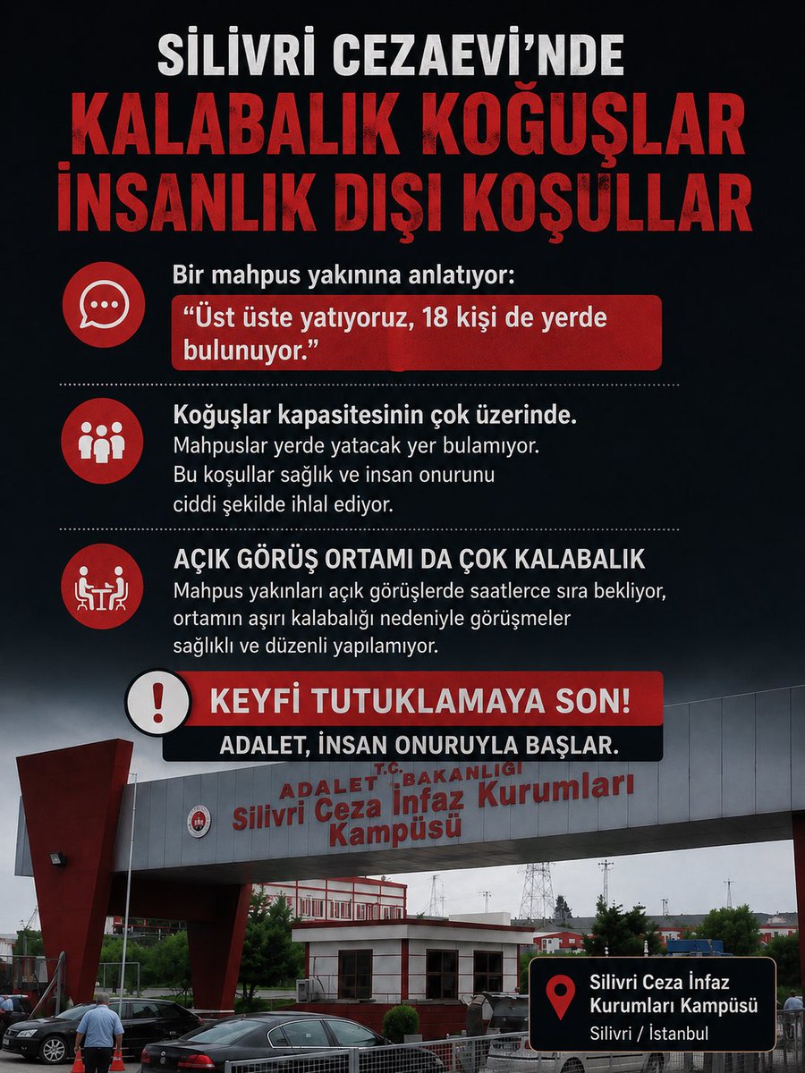 CezaeviGndgm8's tweet photo. Silivri Cezaevi’nde koğuşların geldiği durum kabul edilemez.

“Üst üste yatıyoruz, 18 kişi de yerde bulunuyor.”

İnsanları özgürlüğünden mahrum bırakmak başka, insanlık dışı şartlarda yaşamaya mecbur bırakmak başka.

Silivride İnsanlıkAyıbı https://t.co/6GoUTTwFjS