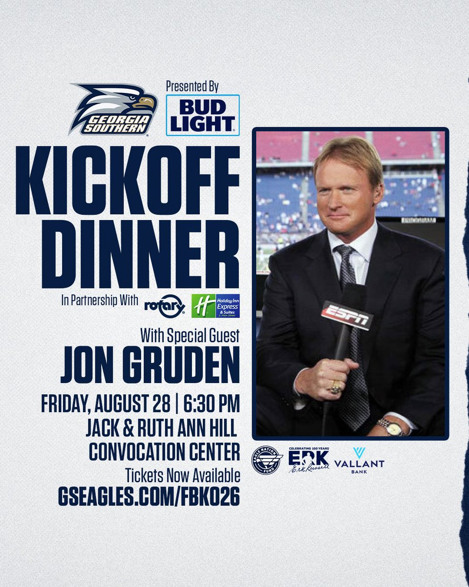 GSAthletics's tweet photo. Football season is almost here!

Kick off the 2026 @GSAthletics_FB season with the Eagles and @BarstoolGruden. Table and single tickets are available now at https://t.co/ixL9nzJYZB.

#HailSouthern https://t.co/mZd7GKPvje