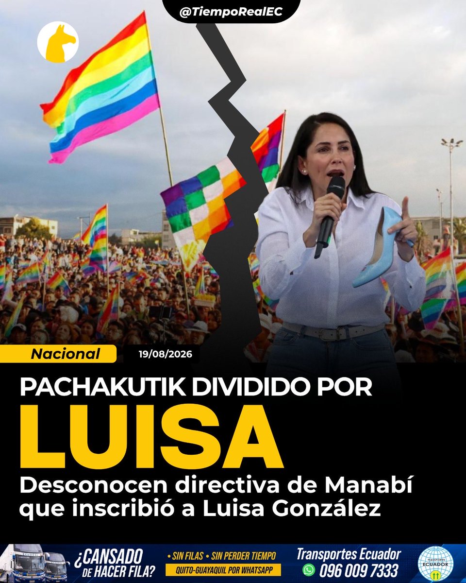 TiempoRealEC's tweet photo. 🚨🗳️ CRISIS EN PACHAKUTIK MANABÍ: EL CNE RECONOCE UNA DELEGACIÓN NACIONAL PARA TRÁMITES DE CANDIDATURAS TRAS POLÉMICA POR LUISA

📄 Un memorando del CNE, fechado el 13 de agosto, deja constancia de que el secretario nacional de Pachakutik, Kiwar Amauta Salazar Caranqui, delegó a Cruz Sarahy Pabón Castro para realizar certificaciones y trámites relacionados con las candidaturas del movimiento en Manabí.

⚠️ La decisión ocurre en medio de la controversia por la candidatura de Luisa González a la Prefectura de Manabí bajo la lista 18. González pasó de la organización Amigo a Pachakutik después de la suspensión de Amigo.

🔥 El cambio generó malestar dentro de sectores de Pachakutik. La prefecta de Cotopaxi, Lourdes Tibán, cuestionó que la candidatura no haya sido sometida, según ella, a una consulta interna amplia y afirmó que, de haberse realizado, González no habría sido candidata.

📌 Importante: el memorando del CNE confirma la delegación de una representante de la dirigencia nacional para los trámites electorales de la provincia y plantea la pregunta ¿Es válida la candidatura de Luisa con Pachakutik?

🗳️ La controversia llega después del cierre de inscripciones y mientras las candidaturas atraviesan las etapas de revisión, objeciones y calificación. De hecho, González fue una de las primeras candidaturas objetadas, según reportes del 18 de agosto.

#Pachakutik #LuisaGonzález #Manabí #CNE #Elecciones2026 #LourdesTibán #Política #Ecuador #TiempoRealPlus  #VivimosHistorias