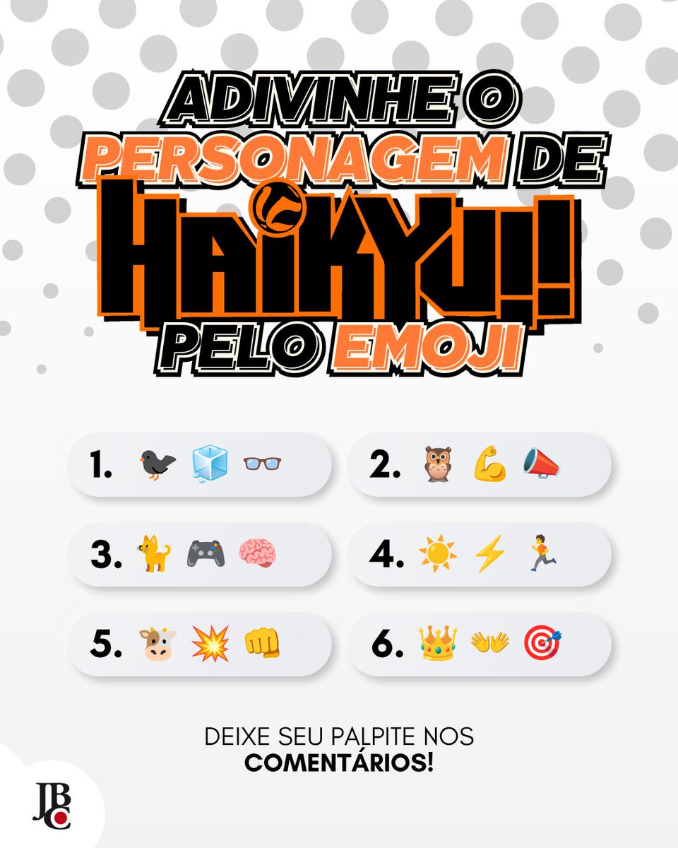 editorajbc's tweet photo. 🏐 Você consegue descobrir os 6 personagens de Haikyuu!! pelos emojis? 👀

Deixe seus palpites nos comentários! 🔥 As respostas estarão no nosso canal do WhatsApp. 👇

#Haikyuu #Mangá #EditoraJBC https://t.co/XUg0xqQ3jJ