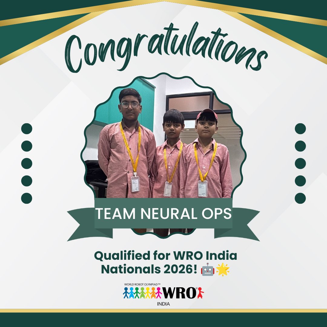 officialaadhaar's tweet photo. Team Neural Ops secured 81st rank among 125 selected teams in the Junior Category.

Congratulations to the entire team on this wonderful achievement! 🎉👏

#WROIndia2026 #NeuralOps #MuseBot #Robotics #YoungInnovators https://t.co/JMl1FQb8dN