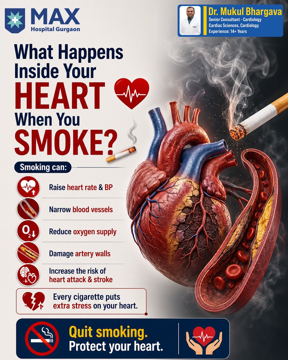 drmukulcardio's tweet photo. 🚭❤️ Smoking puts extra stress on your heart.

It raises heart rate &amp; BP, narrows blood vessels, reduces oxygen, and increases the risk of heart attack &amp; stroke.

Quit smoking. Protect your heart. ❤️

👨‍⚕️ Dr. Mukul Bhargava | Cardiology
#HeartHealth #QuitSmoking #Cardiology https://t.co/dp0f5RUmdf