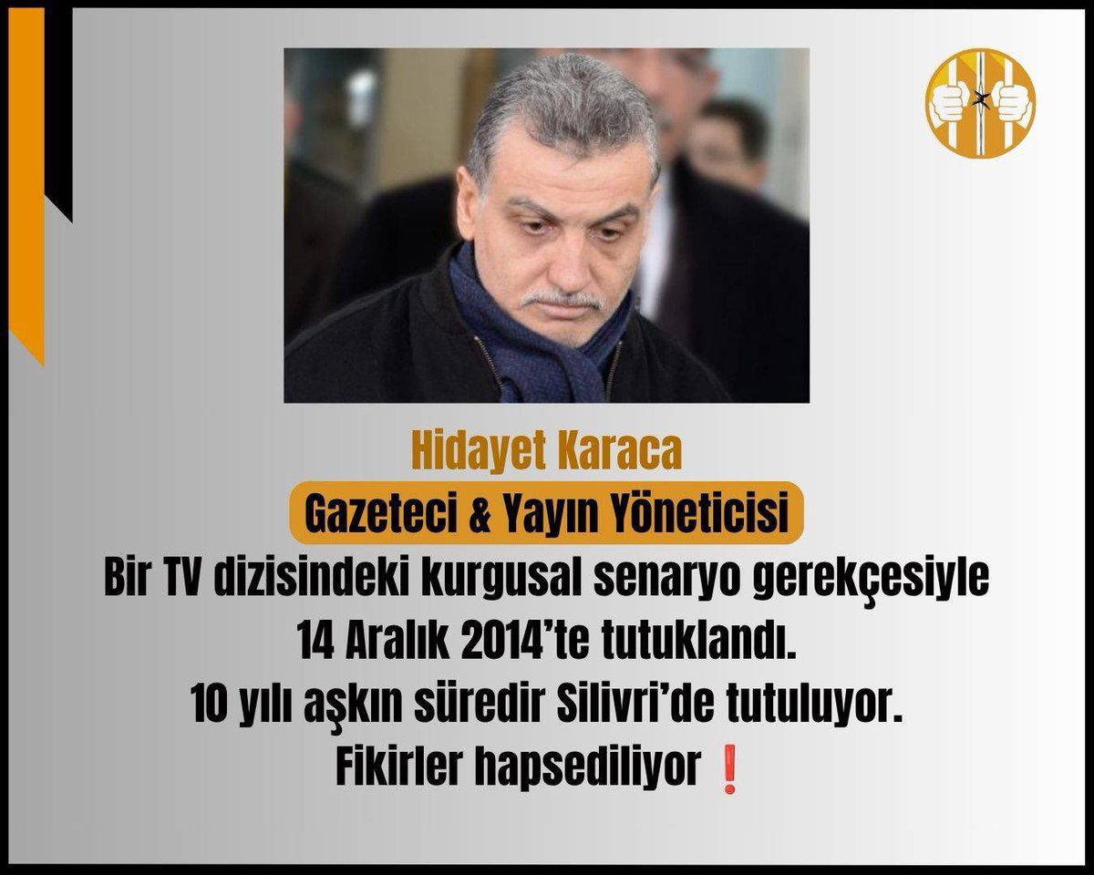 cezaeviihlaller's tweet photo. HİDAYET KARACA

Gazeteci &amp; Yayin yönetmeni

Bir televizyon dizisinin senaryosu gerekçe gösterilerek yıllardır  SilivriCezaevi’nde 🚨

👉Eleştiri suç olmamalı ❗️
👉Gazetecilik suç olmamalı ❗️
👉Gerçeği aramak suç olmamalı ❗️

Silivride İnsanlıkAyıbı https://t.co/3iRgouAgZm