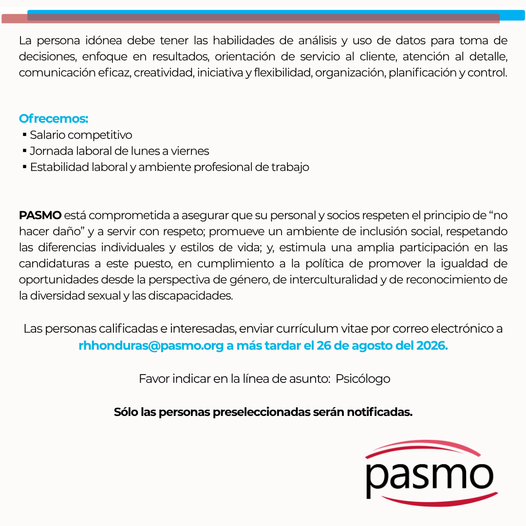 asociacionpasmo's tweet photo. ¡ATENCIÓN HONDURAS!
Asociación PASMO abre convocatoria para Psicólogo. Consulta las bases ¡Y aplica! https://t.co/IvOlEMr6gK