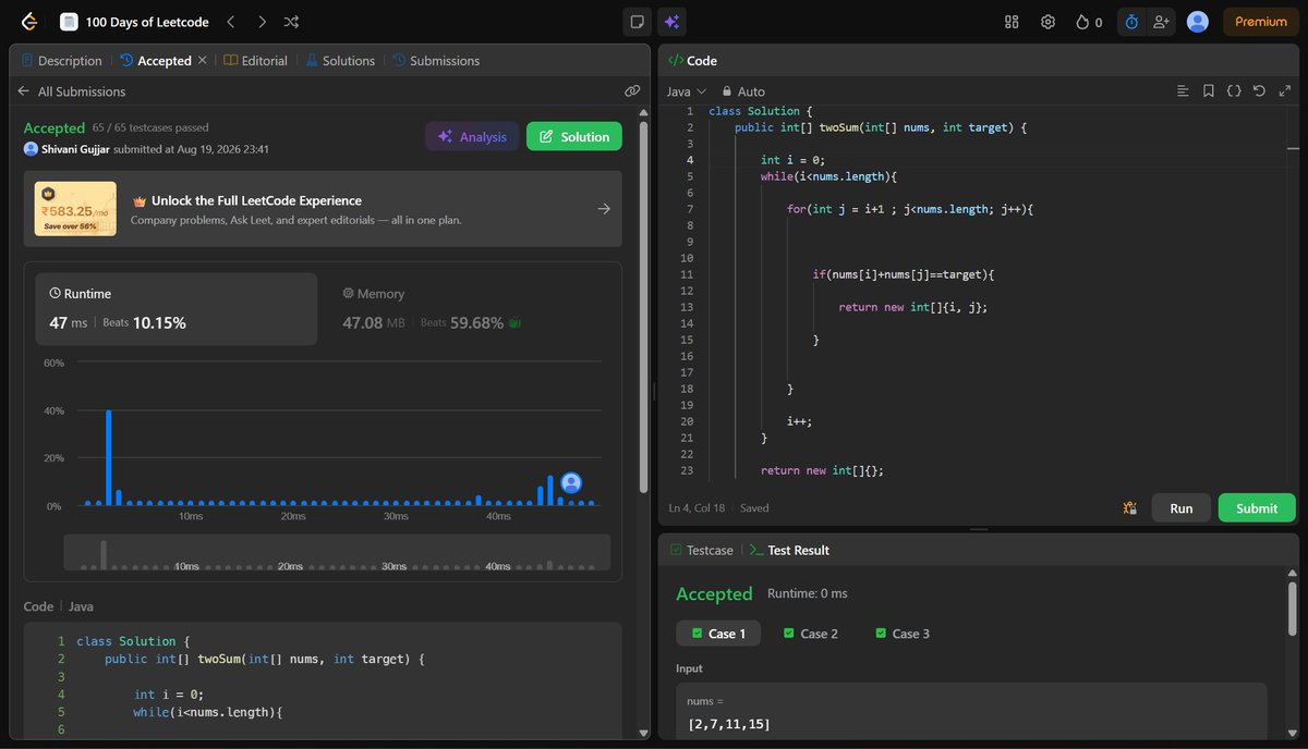 Inavish_Buttar's tweet photo. Day 6/100 - 100 Days of LeetCode 🚀
Two Sum (LeetCode #1)
Solved and submitted ✅
Thanks to DSA with EdSlash for the roadmap.
#100DaysOfLeetCode #DSAwithedSlash #LeetCode #CodingChallenge https://t.co/bDCxYKSDYI