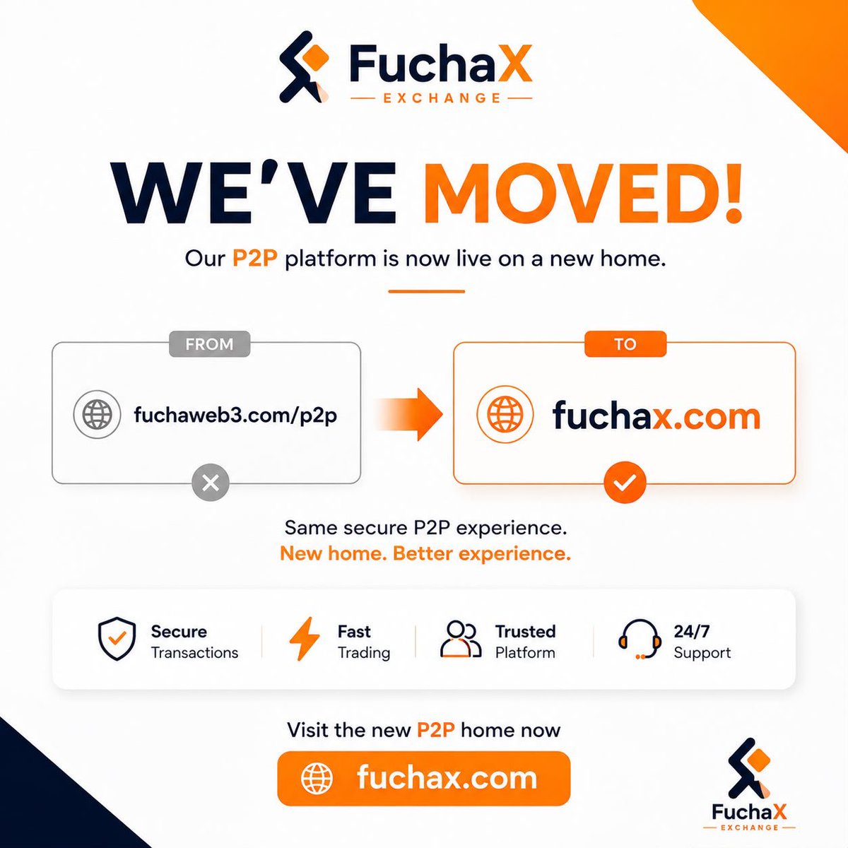 getfuchax's tweet photo. IMPORTANT FuchaX P2P UPDATE

We’ve migrated FuchaX platform from https://t.co/NQsMCkOPqi to its new permanent home at https://t.co/vcNcb8n3v9.

The migration is complete. All user accounts, data, balances, and funds have been successfully migrated with no loss.

You can now continue using FuchaX P2P from the new platform.

New home. Same account. Better experience.

Visit: https://t.co/sm8ETqQOIY

💬 FuchaX Telegram Community: https://t.co/gSjm8WiGTy