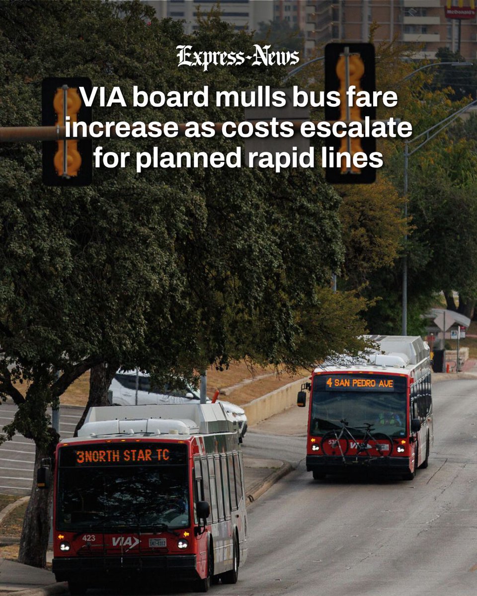 ExpressNews's tweet photo. VIA Metropolitan Transit is considering raising its regular bus fare for the first time in more than a decade, as ballooning costs for two planned rapid lines are forcing it to dig further into its savings. https://t.co/OPElUsbjPC https://t.co/cynYVrxXd6