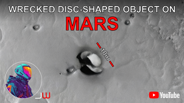 JeanWardMars's tweet photo. Wrecked Disc-Shaped Object on Mars:

BACKGROUND:
The photograph analyzed here (ESP_014166_1820) was acquired by NASA's Mars Reconnaissance Orbiter (MRO) HiRISE Camera on 04 August 2009 and is described as 'Possible Layering in Block Material in Hydraotes Chaos.'

ANALYSIS:
In this feature I present evidence that the MRO may have photographed a wrecked disc-shaped object I discovered at a site in Hydraotes Colles in a region of Mars called Hydraotes Chaos. The object has a diameter of approximately ten metres, consists of a larger disc with a smaller dome-shaped part on top. I speculate this region of Mars may have been underwater, the disc may have crashed and sank to the bottom settling and embedding itself partially in the sediment or mud.

As always, until we get boots on the ground to see these anomalies up close, I can only speculate as to what these objects might be.

YOUTUBE VIDEO:
The thumbnail attached is for reference only and it does not include any information like original sources, etc. I encourage you to watch the YouTube video for further detailed images, information and analysis:
https://t.co/OOtGnDzHi6