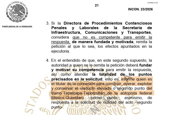 PDiezG's tweet photo. Presidenta @claudiashein : hace más de 1 año le solicité respetuosamente que el Gobierno Federal a su cargo me informara quién es el titular de la concesión para construir y explotar el viaducto elevado o segundo piso del tramo Tepalcapa-Tepotzotlán de la autopista México-Querétaro: el Fonadin (fideicomiso público) o la corrupta Aleatica.
Más de 1 año después y un amparo de por medio, el titular de la @SICTmx sigue negándose a responder.
¿Por qué lo hace? ¿Para garantizarle impunidad a la corrupta Aleatica?
Hace unos días, un tribunal colegiado resolvió que la SICT no ha cumplido el amparo y que debe contestar lo que se le preguntó.
¿Va a seguir “chicaneando” el asunto la Secretaría? @BuenGobierno_mx @FGRMexico