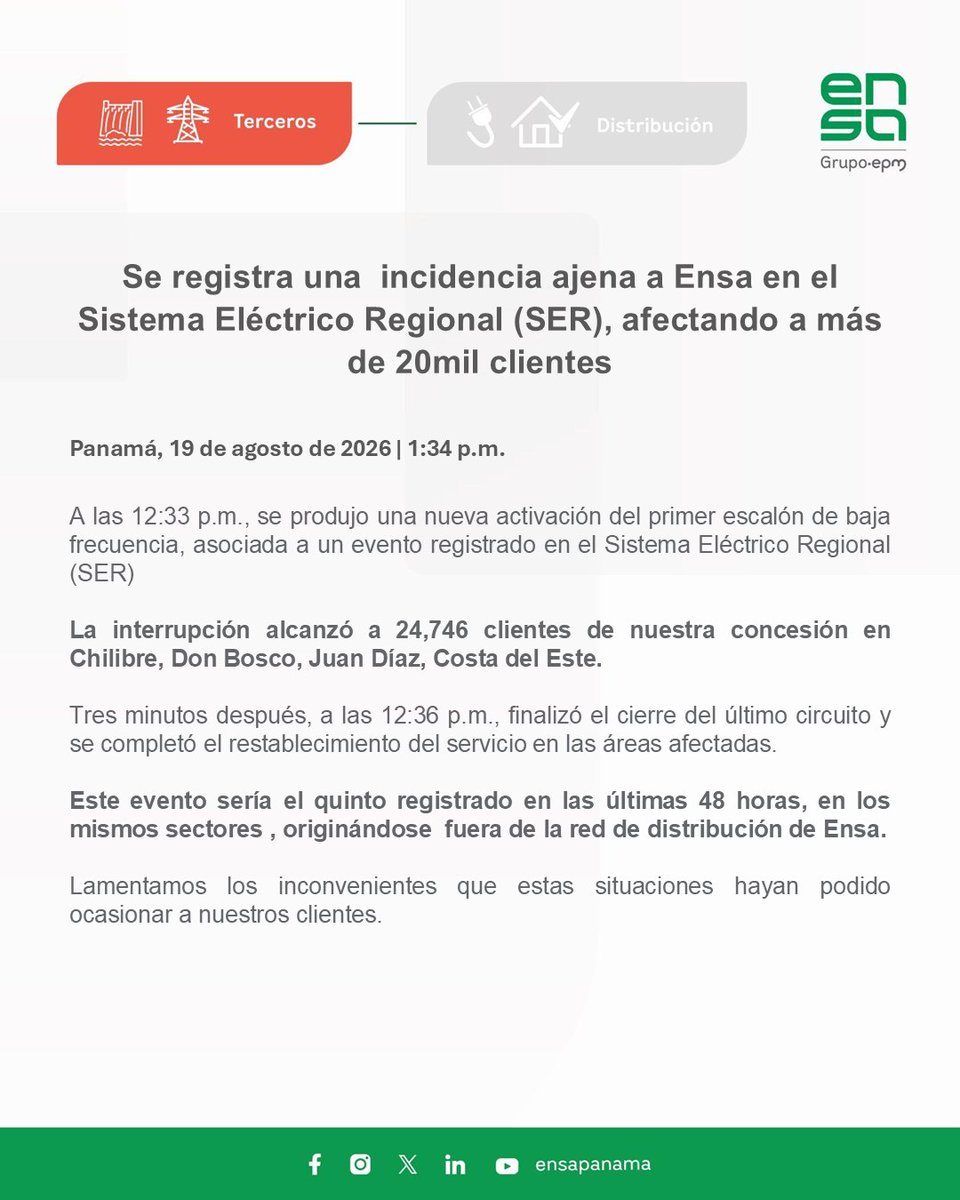 ENSApanama's tweet photo. #Ensainforma Incidencia ajena a Ensa en el Sistema Eléctrico Regional (SER) https://t.co/9ZJv0LX8ZT