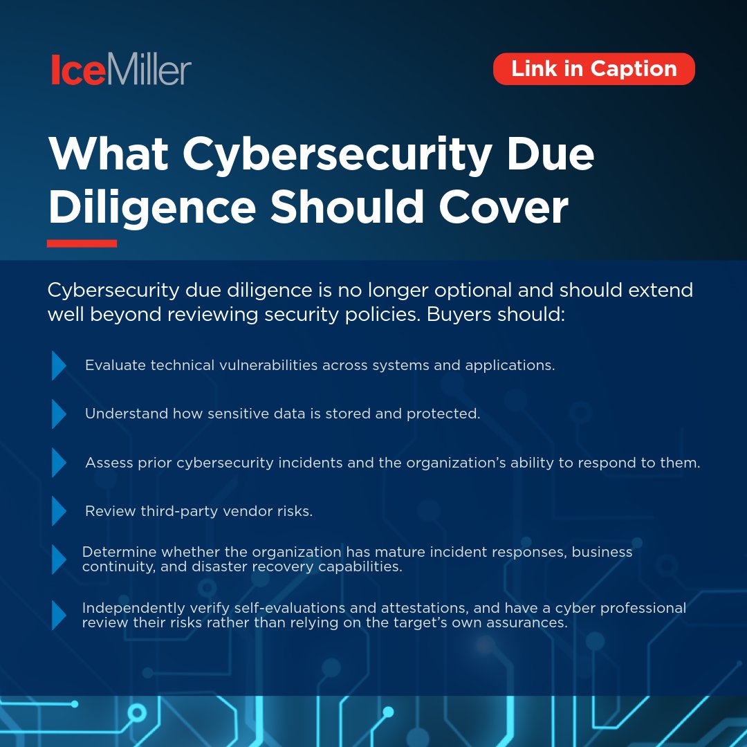 IceMillerLLP's tweet photo. #Cyber risks can make or break a deal. In her latest article, Chetrice Romero explores why cyber #duediligence is now essential in M&amp;A and how hidden vulnerabilities can impact valuation, liability, and long-term success. Read more: https://t.co/cEE2vIg7PQ https://t.co/cUwf4k7uGv