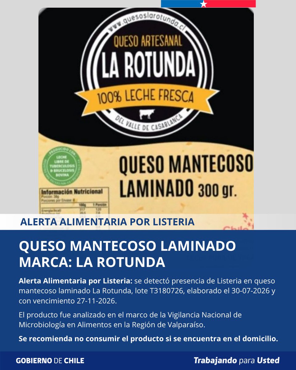 ministeriosalud's tweet photo. Alerta Alimentaria por Listeria: se detectó presencia de Listeria en queso mantecoso laminado La Rotunda, lote T3180726, elaborado el 30-07-2026 y con vencimiento 27-11-2026.

El producto fue analizado en el marco de la Vigilancia Nacional de Microbiología en Alimentos en la Región de Valparaíso.

Se recomienda no consumir el producto si se encuentra en el domicilio.

Más detalles-> https://t.co/I0LrE2Jl5i