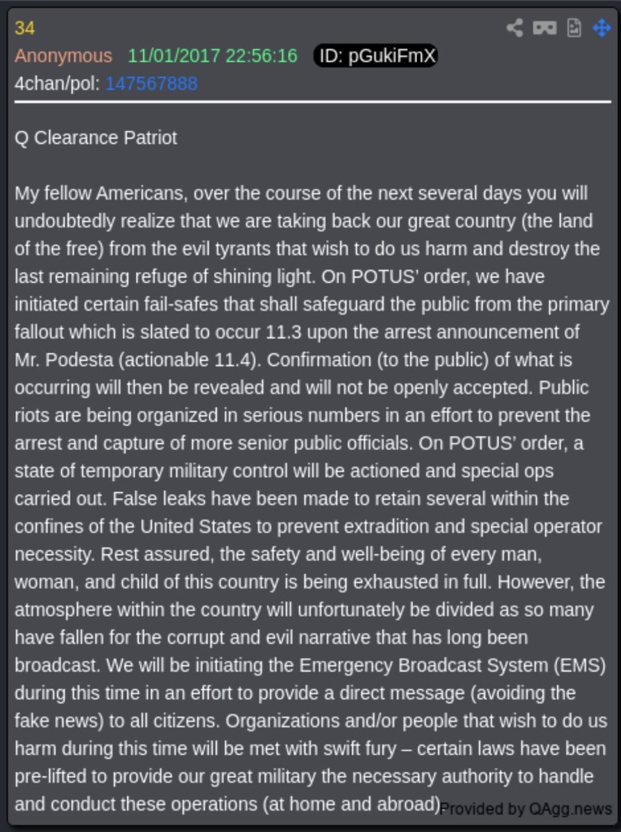 Burns2378's tweet photo. @CMDRVALTHOR The take down is this year!
Nov. 3 / 11.3
Q drop 34
The election won’t happen. 
2020 will be busted wide open and we should finally get that great Christmas mentioned… https://t.co/hi9og3kcrH