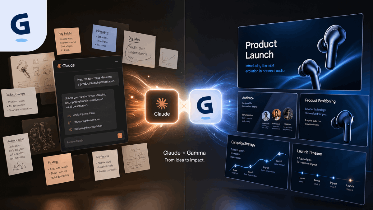 AIThomasJohnson's tweet photo. Le di a Claude una idea de producto sin pulir.

Unos minutos después, tenía lista una presentación completa para el lanzamiento.

Sin copiar ideas entre herramientas.
Sin reconstruir las diapositivas manualmente.

Solo Claude × Gamma convirtiendo una conversación en algo real.

Así funciona ↓
