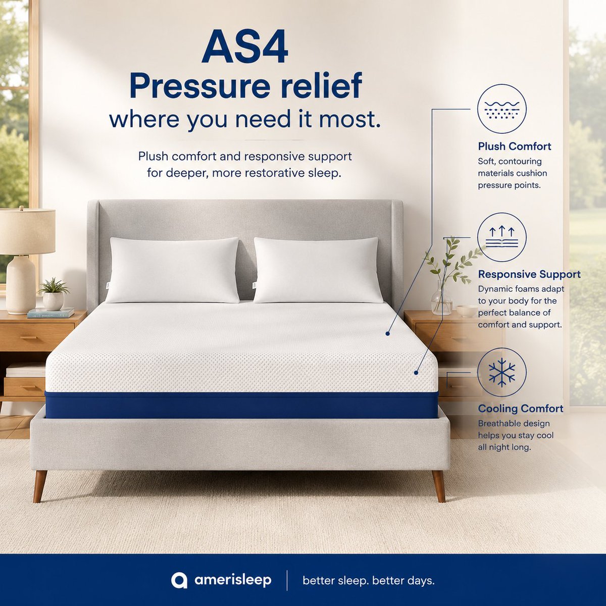 Amerisleep's tweet photo. Some people want a mattress that's soft while others still need the support to wake up feeling refreshed.

That's where the AS4 shines.

Designed with extra pressure relief and responsive comfort, it's a favorite for side sleepers and anyone who enjoys a plusher feel without sacrificing support.

👇Which are you? Side sleeper, back sleeper, or stomach sleeper?
#Amerisleep #AS4 #PressureRelief #SleepComfort