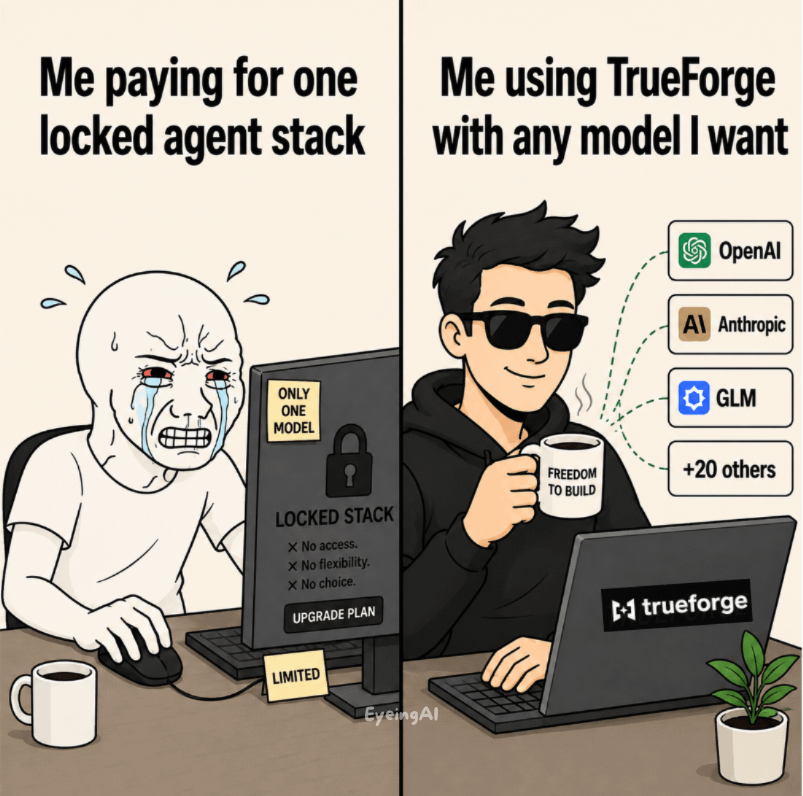 EyeingAI's tweet photo. OMG.

Someone just open-sourced the thing Claude wants you to pay for.

TrueFoundry just launched TrueForge.. a free, open-source framework for building serious AI agents on whatever stack you want.

Use OpenAI, Anthropic, GLM + 20 others.

And apparently, 50% cheaper too: 🧵 https://t.co/TsAHYxacx0