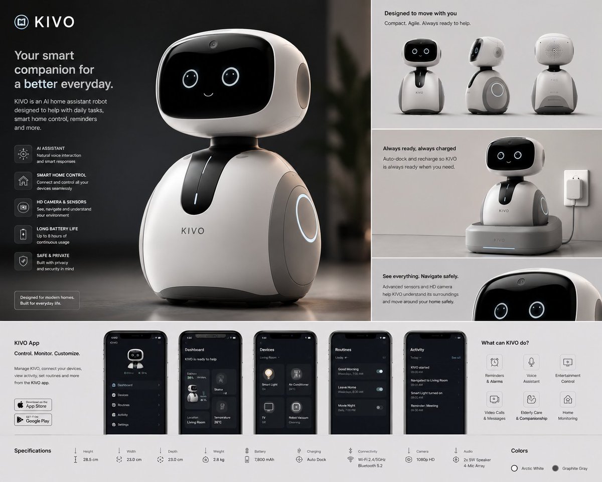 Ay_sc0pe's tweet photo. 🤖 Meet KIVO — an AI home assistant robot designed to make everyday life smarter and simpler.

From the physical product to the mobile app, smart-home controls, and charging experience, I designed the full concept from scratch.

Would you actually want KIVO in your home? 👀

DM😩 https://t.co/pzEazRbDUT