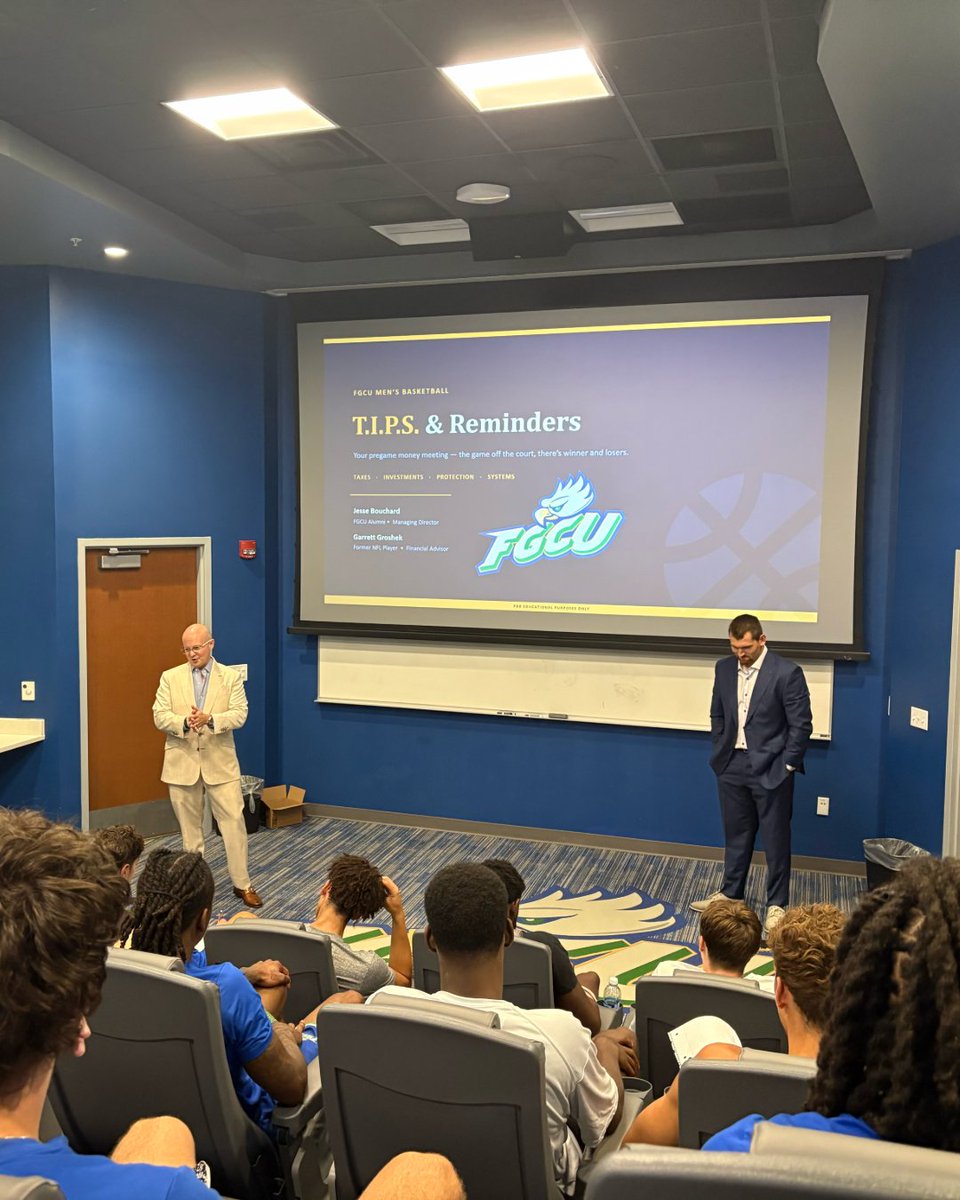 FGCU_MBB's tweet photo. Thank you to Garrett Groshek and Jesse Bouchard for speaking to the team on sound financial management today

#WingsUp https://t.co/ssEbRsWG4i