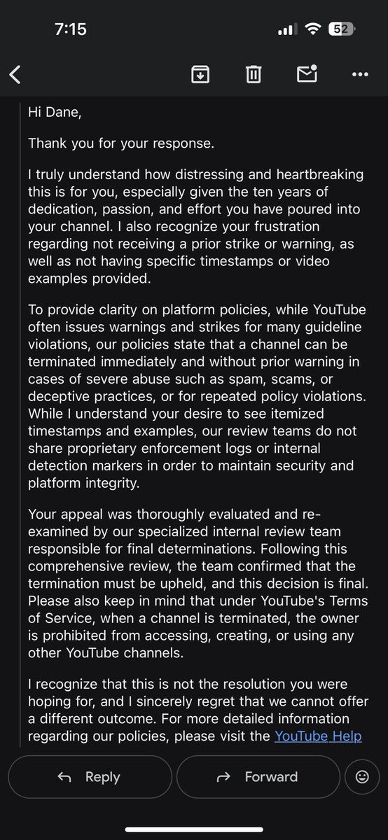 retn3s's tweet photo. Youtube Support sent me this after weeks of waiting for a response, this is truly unfair for small creators like me who’s trying to find a place to stand on in your platform, trusting YouTube that it would serve creators well, to let us express our passion through their platform https://t.co/jlPtBFNQqk