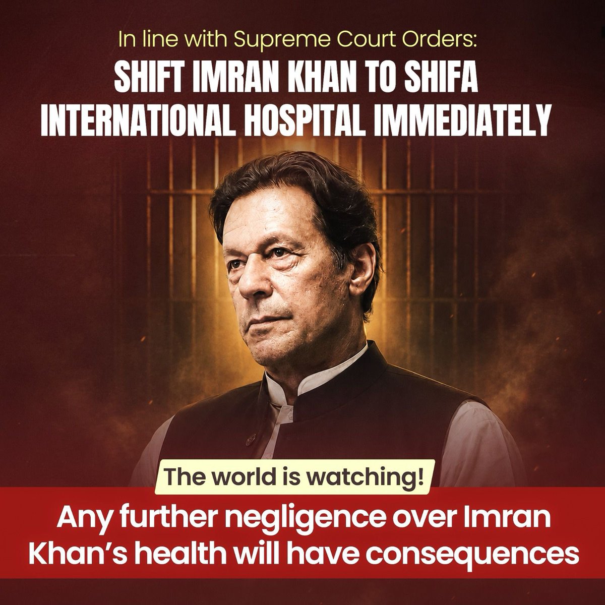 AlamBakht_PTI's tweet photo. The whole world is watching. The more this government delays access to basic human rights and healthcare, the more it exposes its own mindset and lack of humanity. The truth cannot be hidden forever.
#ReleaseImranKhan #HumanRightsViolations #HumanRightsInPakistan #FreeImranKhan #JusticeForImranKhan #RuleOfLaw #DemocracyInPakistan #LetTheWorldSeeImranKhan #PakistanNeedsJustice #StandWithImranKhan