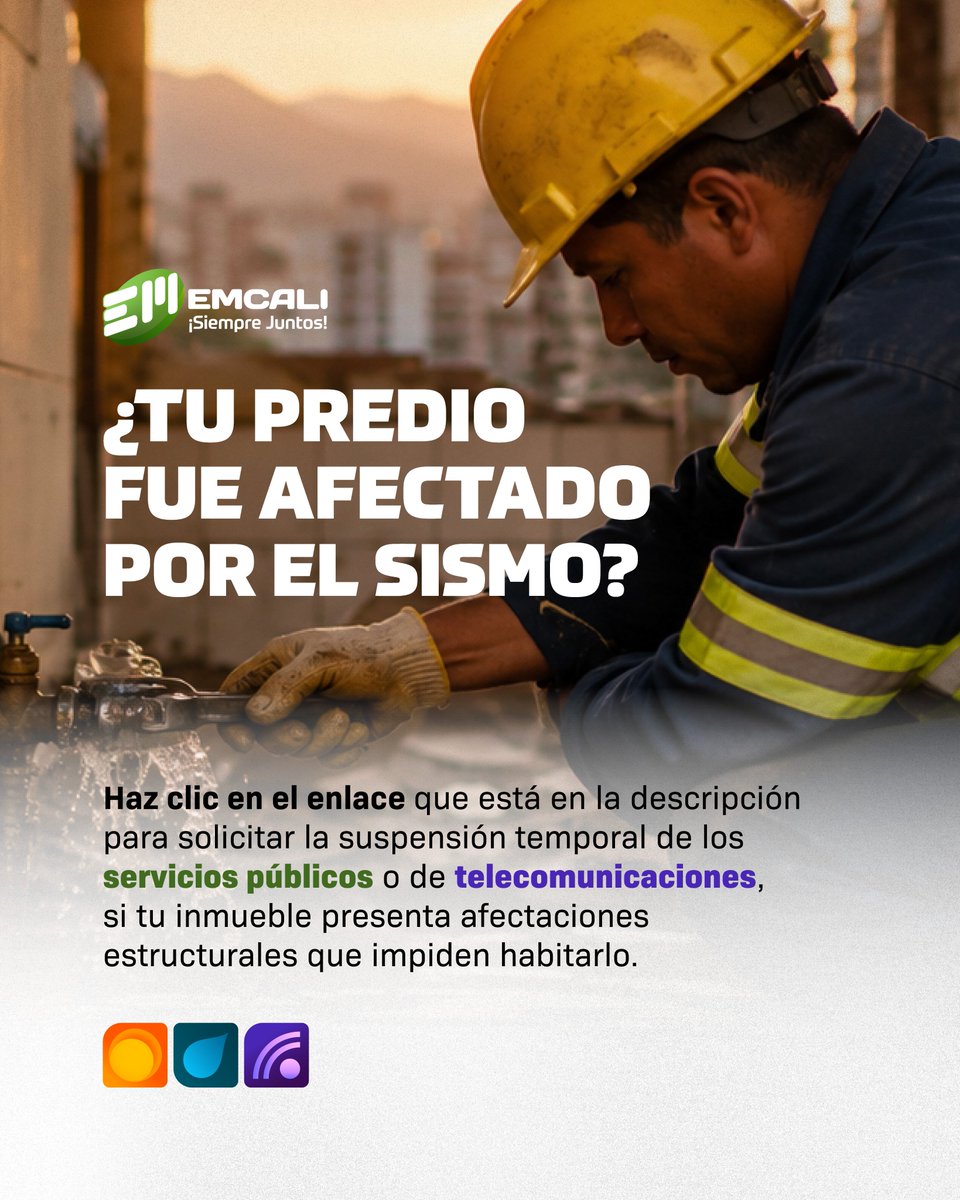 EMCALIoficial's tweet photo. Ingresa aquí https://t.co/tuUlObXh43 para solicitar la suspensión temporal de los servicios públicos y de telecomunicaciones, si tu inmueble presenta afectaciones estructurales que impiden habitarlo. ⚡️💧🛜   

Comparte esta información. https://t.co/aLUT56jd8F