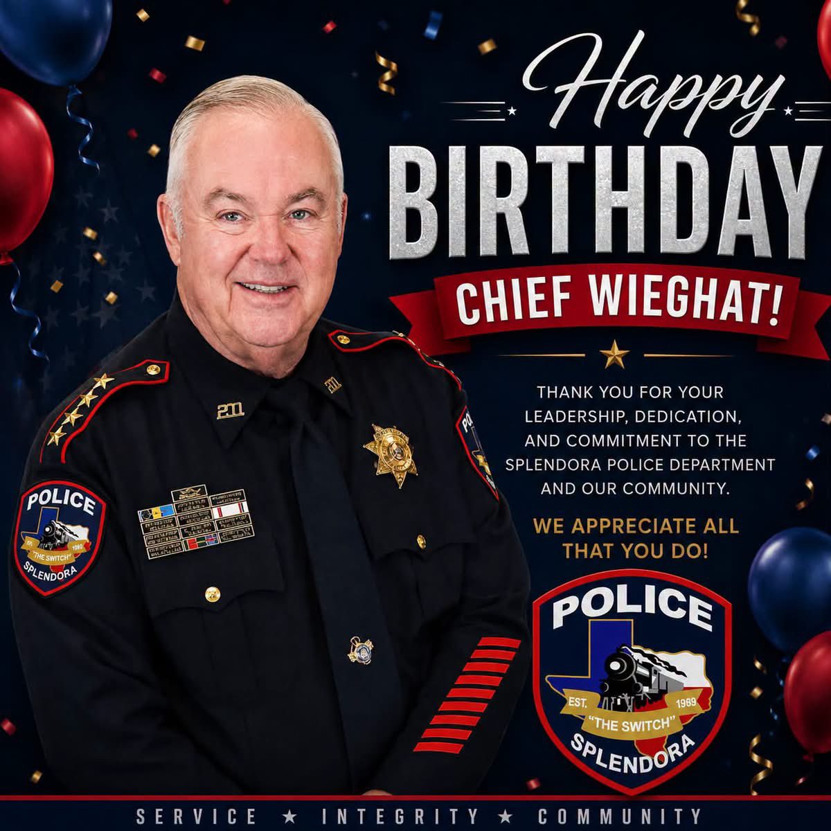 TexanReport's tweet photo. 🎉🚔 Happy Birthday to Splendora Police Chief Wally Wieghat! 🚔🎉
#SplendoraTX #SplendoraPolice #PoliceChief #HappyBirthday #TexasLawEnforcement #TexanReport https://t.co/XAL1POry77