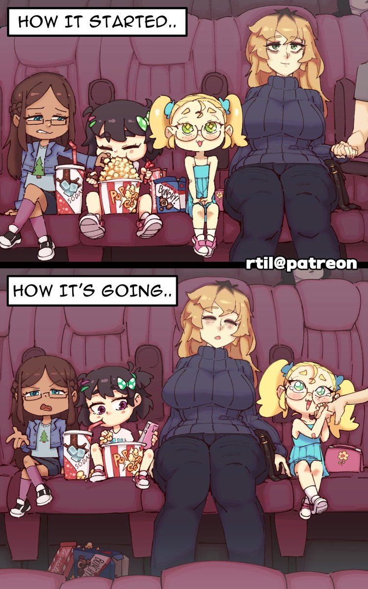 rtil's tweet photo. They're at the movies. Somehow, a romcom won out. At least someone is enjoying it...  

This series now has a name - "Plus Three"! Because whatever is going on, these three will always find a way to get involved. Stay tuned for more episodes - and character name reveals - soon! https://t.co/QneuWKAWuX