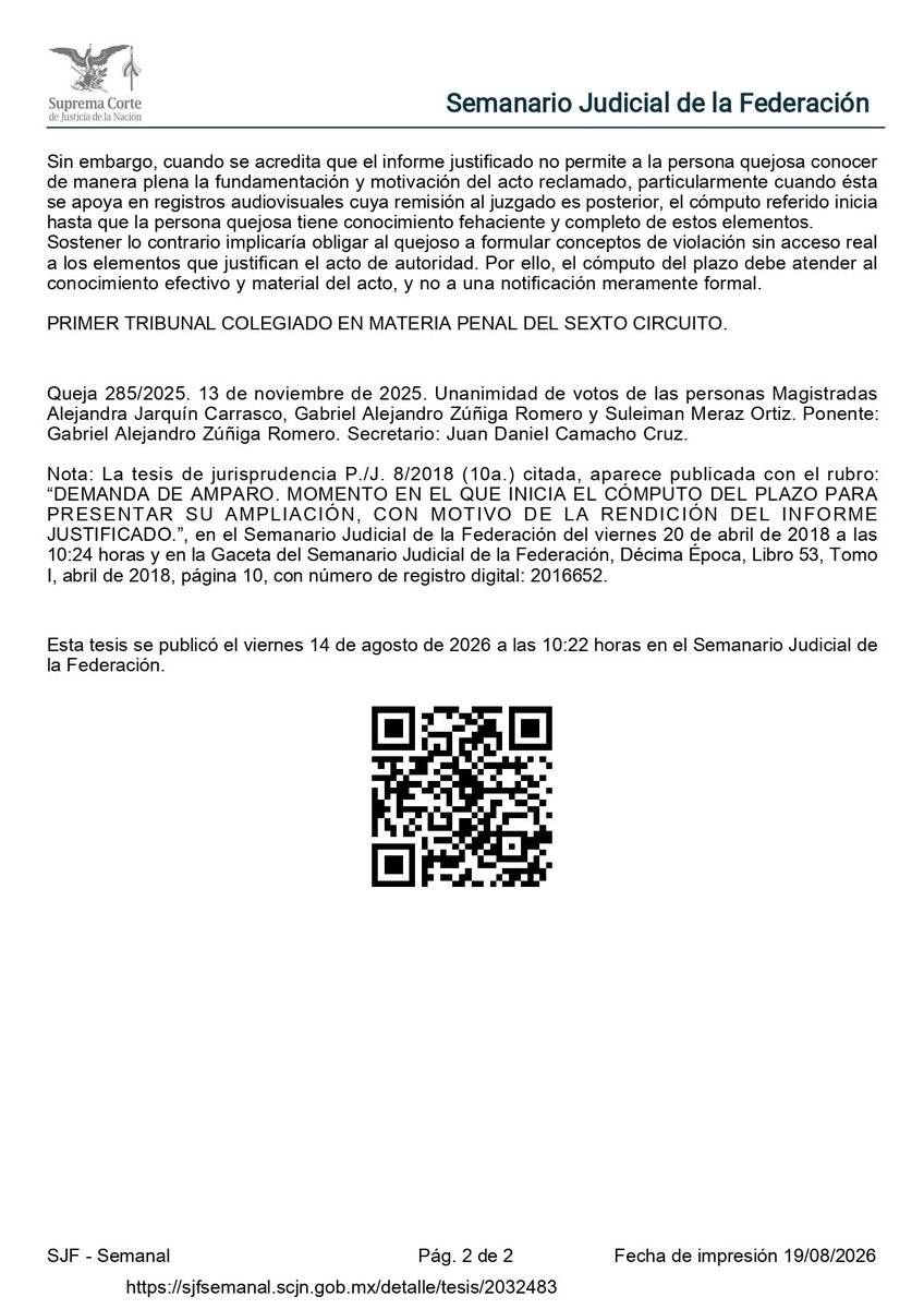 ColNacTrib's tweet photo. ⚖️ El Primer Tribunal Colegiado en Materia Penal del Sexto Circuito determinó que el plazo para ampliar la demanda de amparo debe computarse desde el conocimiento fehaciente y completo de los elementos que sustentan el acto reclamado. 

#Derecho #SCJN #TFJA #Tesis https://t.co/TZYLyRznHj