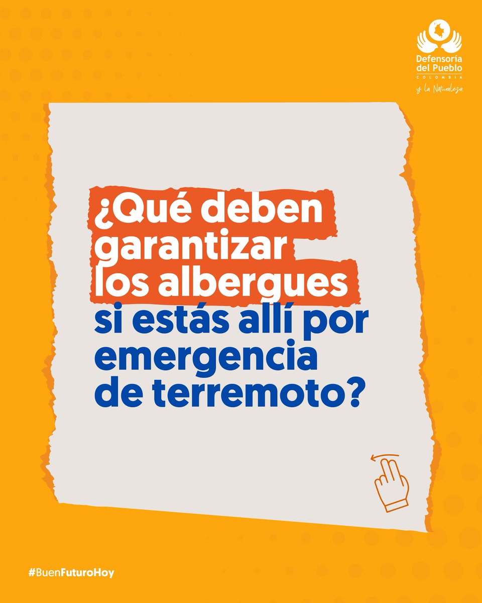 DefensoriaCol's tweet photo. Si estás en un albergue tras la emergencia hay condiciones básicas que deben garantizarse: agua potable y alimentación suficiente, un espacio seguro para descansar, atención en salud y apoyo psicosocial y protección frente a la violencia, el abuso, la explotación y la discriminación.

🧵👇🏼